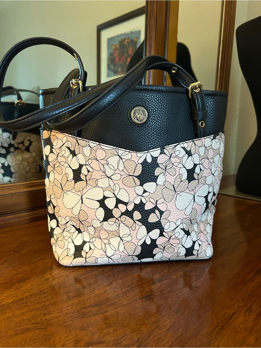 Anne Klein Black Handbag with Pale Pink & Cream Floral Panel